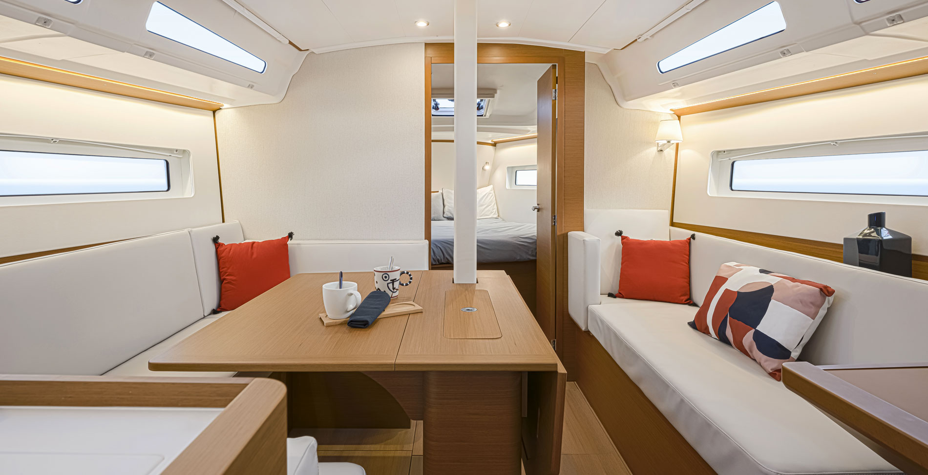 The bright and spacious main cabin on the Jeanneau SO 380. 
