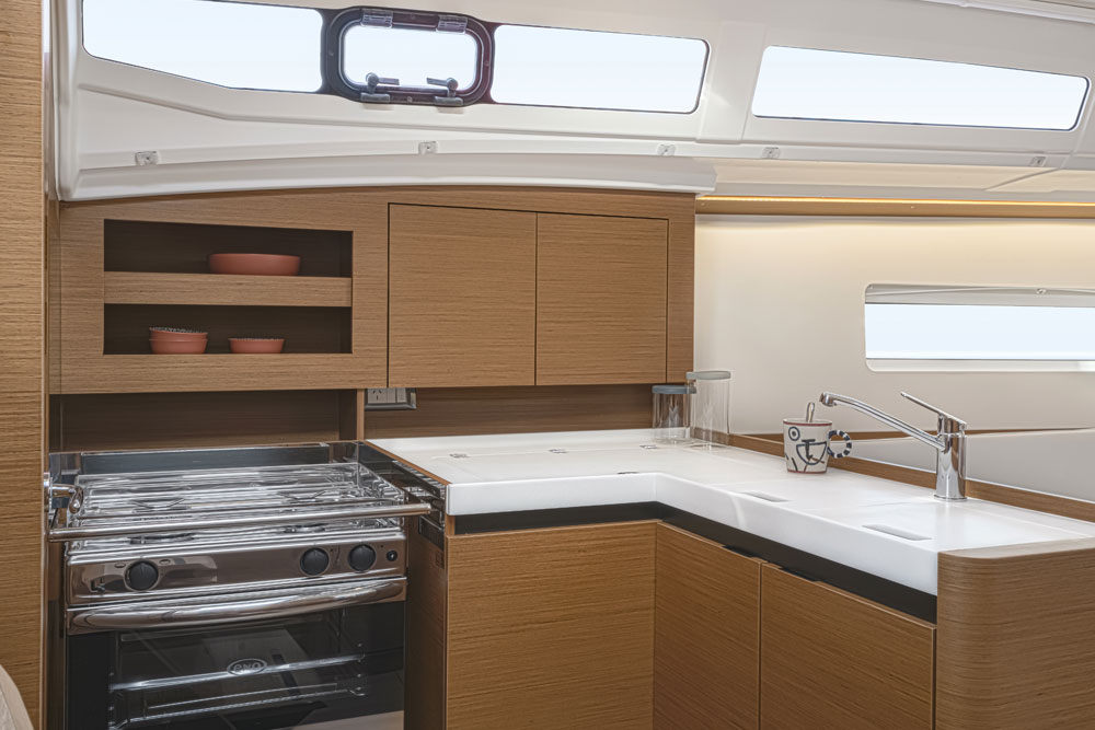 A view of the galley on board the Jeanneau Sun Odyssey 380. 