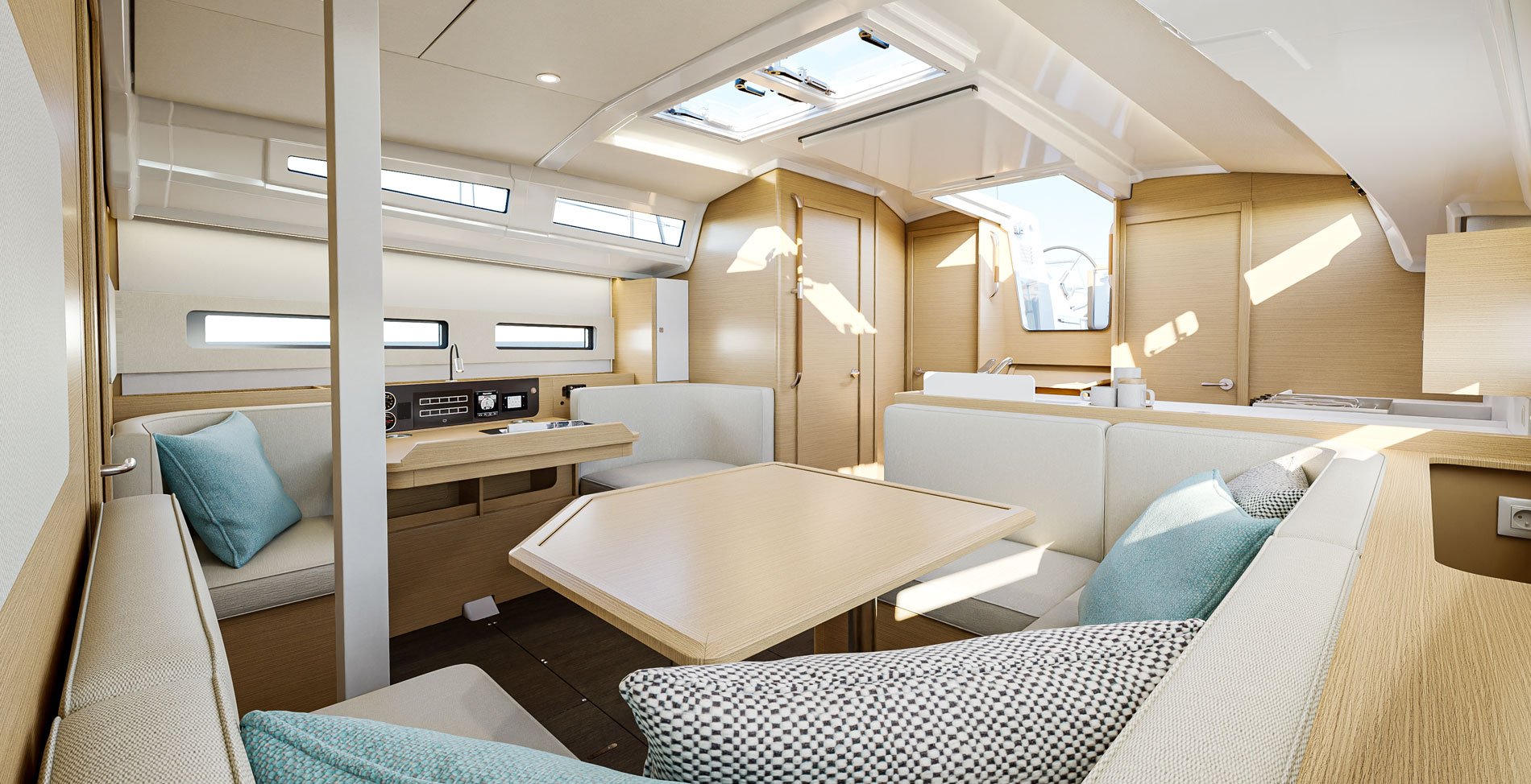 The spacious and comfortable interior of the Jeanneau Sun Odyssey 415 sailboat. 