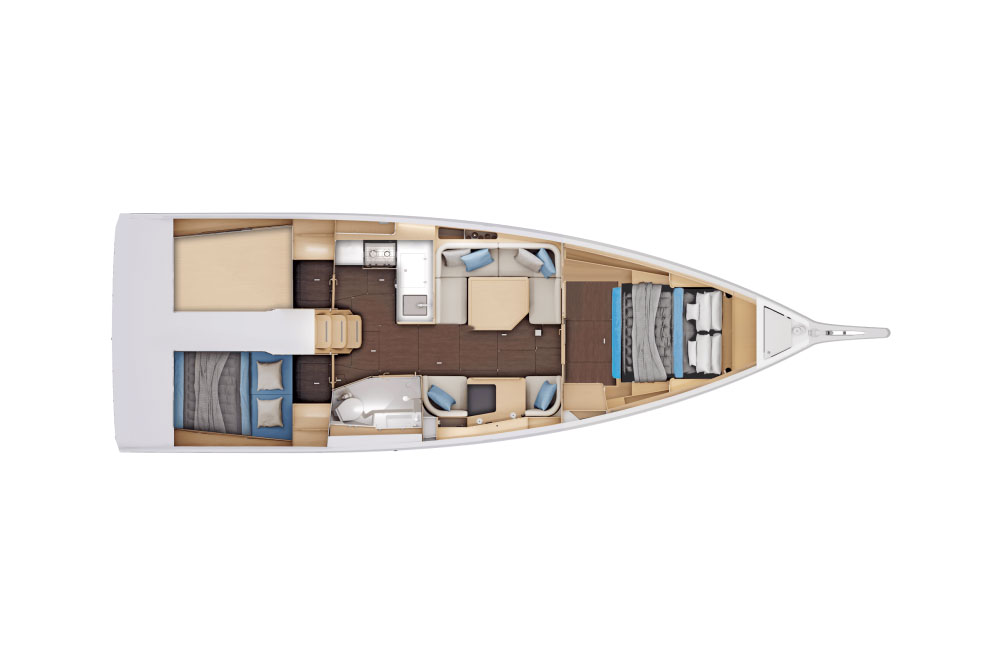 Plan view of the interior of the Jenneau Sun Odyssey 415 yacht. 