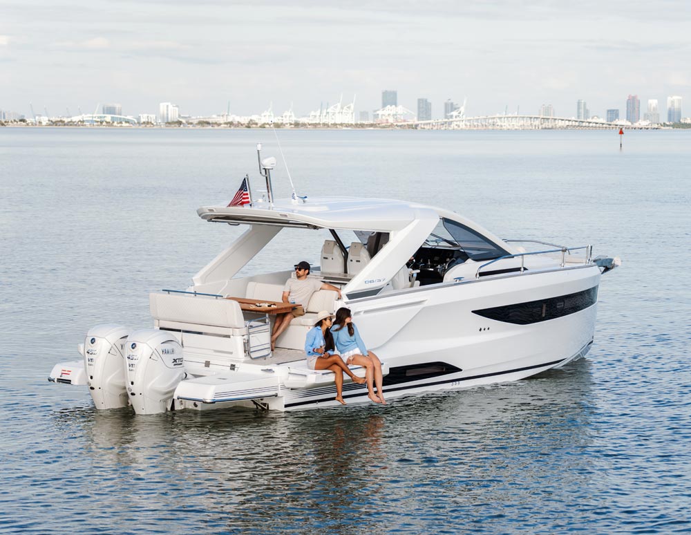 At anchor, the side terraces can be deployed for even more space on board. 