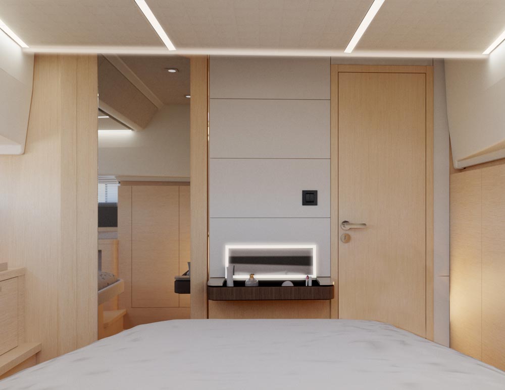 The spacious and airy quarters below deck on the Jeanneau DB/37. 